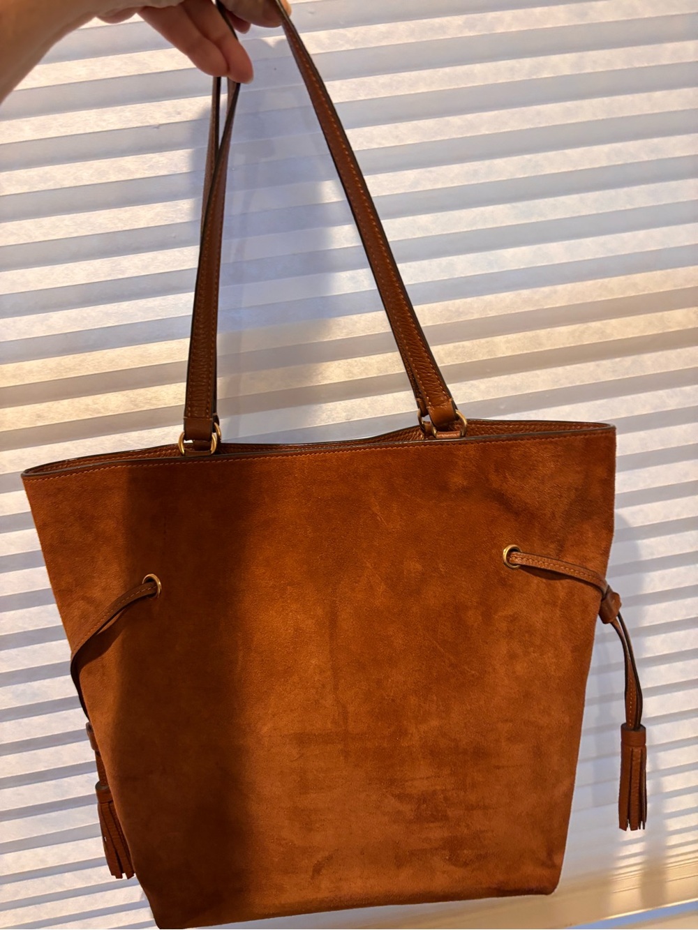 Coach Andy Chestnut Suede Tote with Tassel Accents - Picture 2 of 7
